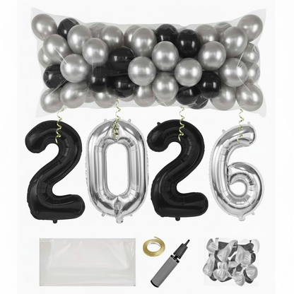 PMU New Year's Eve Party Balloon Drop Kit (100pcs Assorted 9in and 5in Balloons with Hand Pump) 4pcs "2026" 40in Gold Mylar Balloons 1 Set Assortment