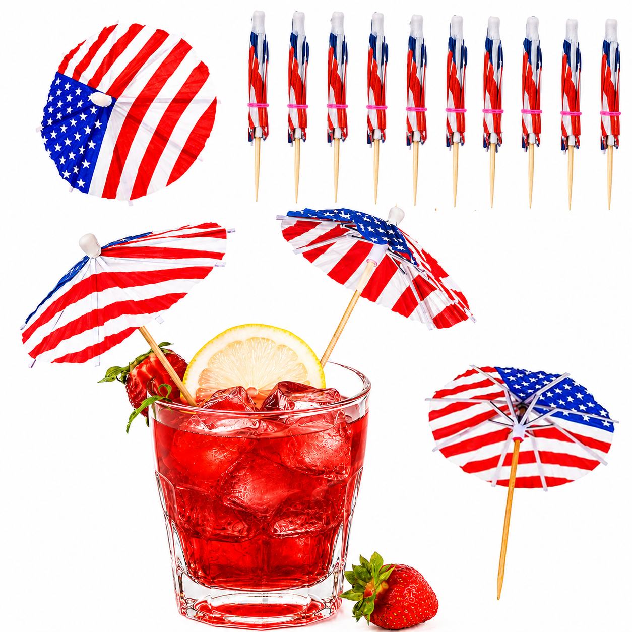PMU Patriotic American Flag Party Picks & Drink Umbrellas – 4th of July Cupcake Toppers, Toothpick Flags, Cocktail Picks & Memorial Day Party Decorations