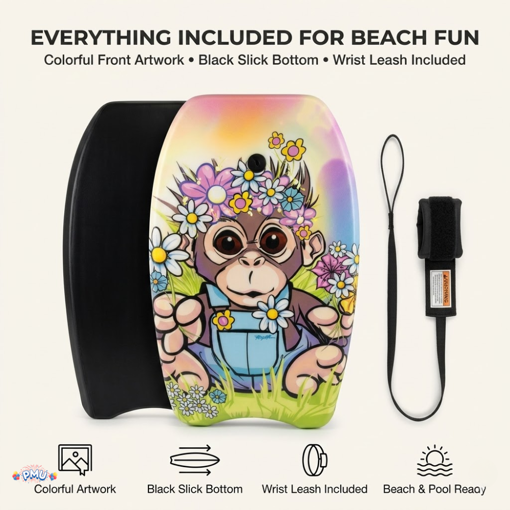 PMU 26 Inch Graphics Printed Bodyboard - Lightweight Wrist Leash Slick Bottom Boogie Board for Beach, Sea & Pool - Surfing Board for Kids, Teens & Adults Wave Conditions  Pkg/1