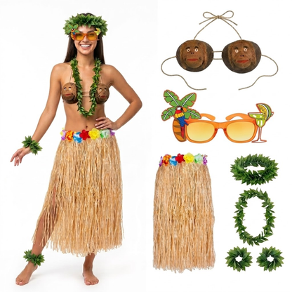 PMU 8 Pcs Hawaiian Luau Costume Set – Coconut Bikini Top, Grass Skirt, Lei &amp; Tropical Party Accessories for Luau, Beach &amp; Hula Parties