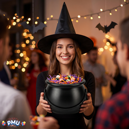 PMU 2 Pc Halloween Witch Cauldron Set – 8 Inch Black Cauldron Bowl & Witch Hat for Halloween Party Decorations, Tabletop & Home Décor