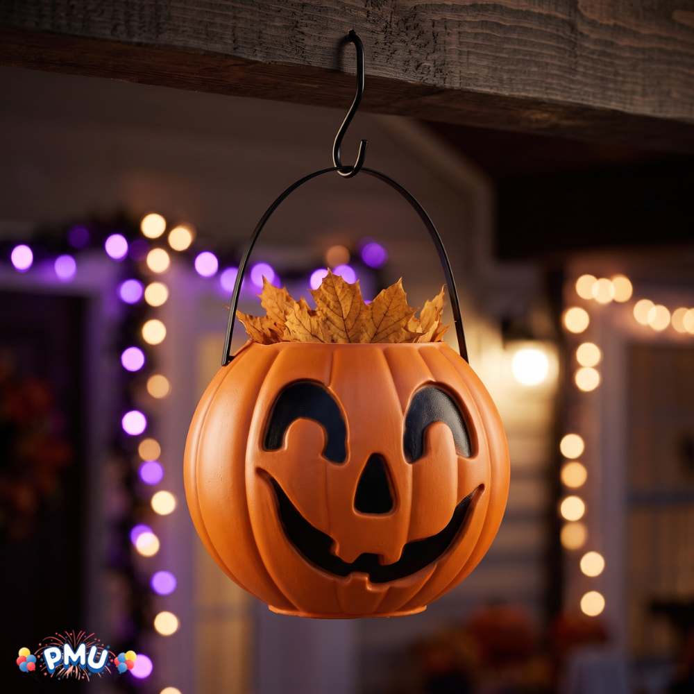 PMU Halloween Trick or Treat Jack-O-Lantern Carry Jack - Halloween Pumpkin Decorations - Candy Gift Basket for Kids - Pumpkin Bucket with Handles - 9 Inch w/Handle - Orange