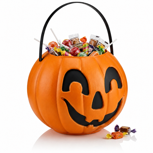 PMU Halloween Trick or Treat Jack-O-Lantern Carry Jack - Halloween Pumpkin Decorations - Candy Gift Basket for Kids - Pumpkin Bucket with Handles - 9 Inch w/Handle - Orange