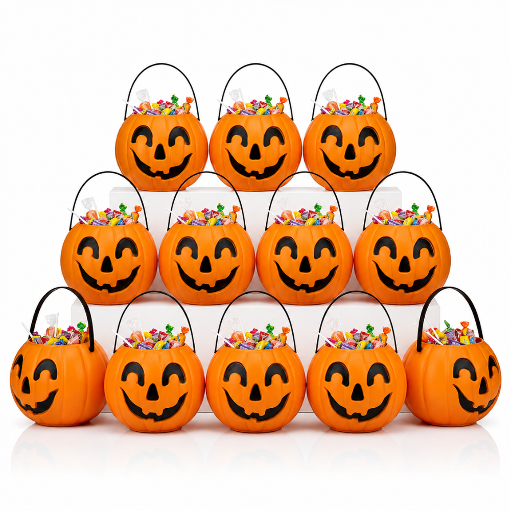 PMU Halloween Trick or Treat Jack-O-Lantern Carry Jack - Halloween Pumpkin Decorations - Candy Gift Basket for Kids - Pumpkin Bucket with Handles - 9 Inch w/Handle - Orange