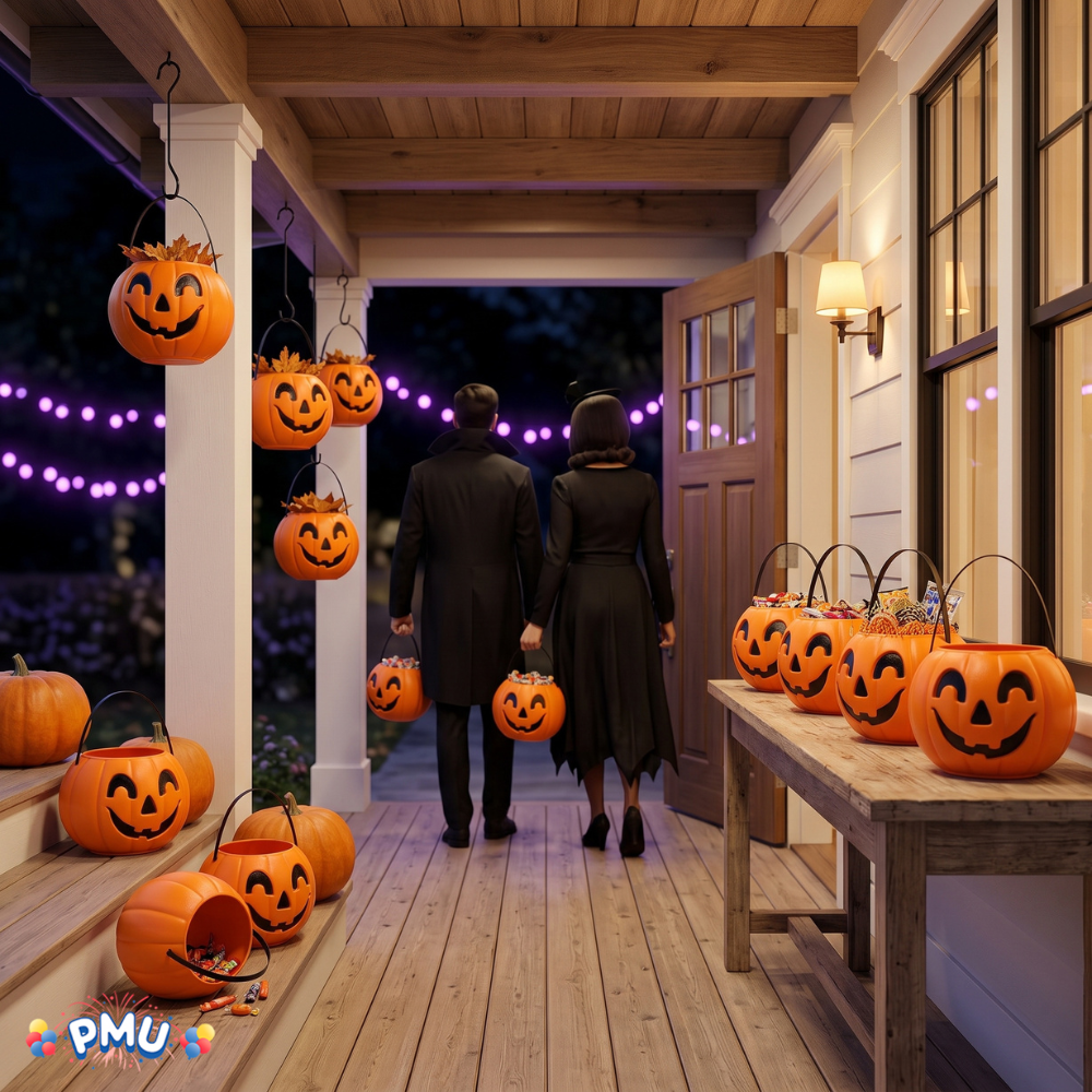 PMU Halloween Trick or Treat Jack-O-Lantern Carry Jack - Halloween Pumpkin Decorations - Candy Gift Basket for Kids - Pumpkin Bucket with Handles - 9 Inch w/Handle - Orange