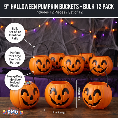 PMU Halloween Trick or Treat Jack-O-Lantern Carry Jack - Halloween Pumpkin Decorations - Candy Gift Basket for Kids - Pumpkin Bucket with Handles - 9 Inch w/Handle - Orange