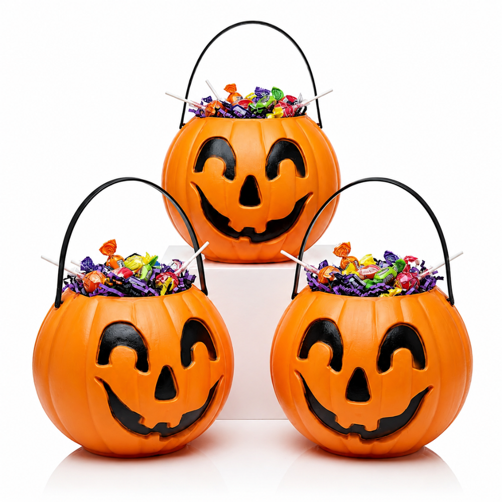 PMU Halloween Trick or Treat Jack-O-Lantern Carry Jack - Halloween Pumpkin Decorations - Candy Gift Basket for Kids - Pumpkin Bucket with Handles - 9 Inch w/Handle - Orange
