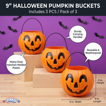 PMU Halloween Trick or Treat Jack-O-Lantern Carry Jack - Halloween Pumpkin Decorations - Candy Gift Basket for Kids - Pumpkin Bucket with Handles - 9 Inch w/Handle - Orange