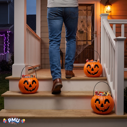 PMU Halloween Trick or Treat Jack-O-Lantern Carry Jack - Halloween Pumpkin Decorations - Candy Gift Basket for Kids - Pumpkin Bucket with Handles - 9 Inch w/Handle - Orange