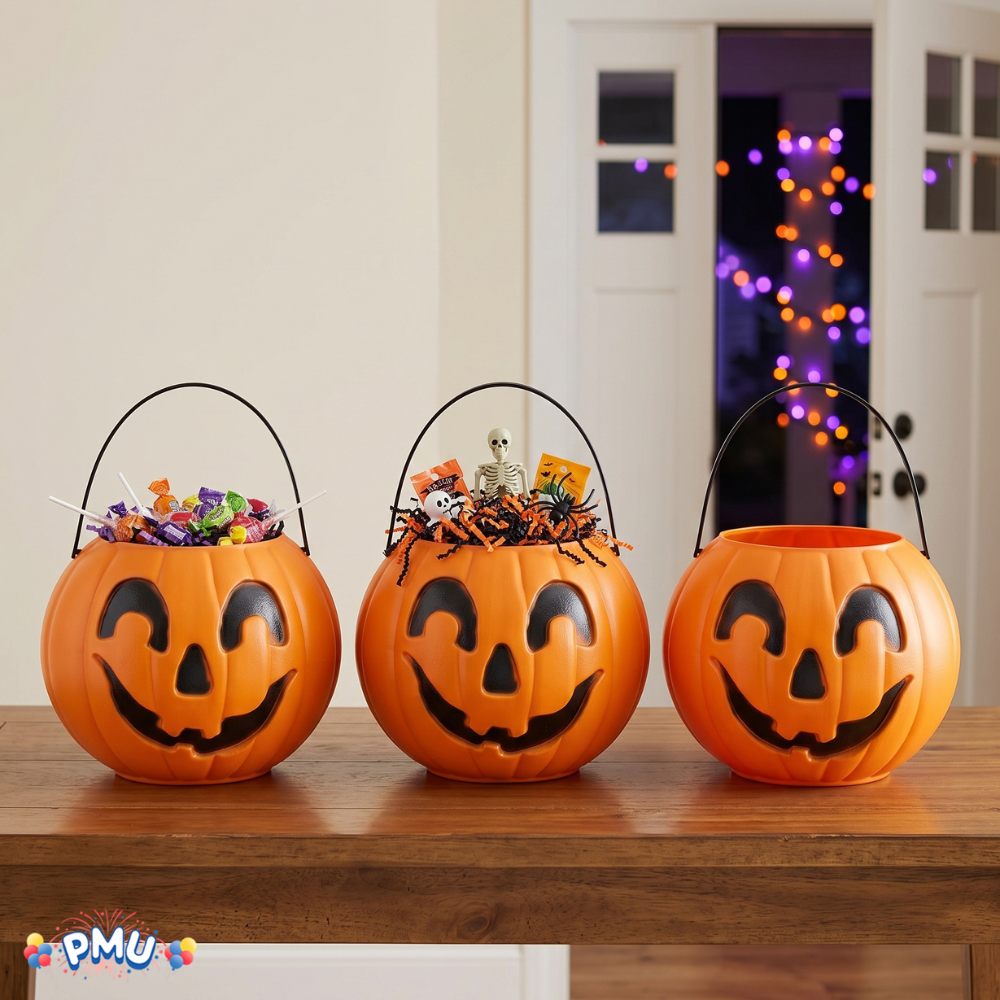 PMU Halloween Trick or Treat Jack-O-Lantern Carry Jack - Halloween Pumpkin Decorations - Candy Gift Basket for Kids - Pumpkin Bucket with Handles - 9 Inch w/Handle - Orange