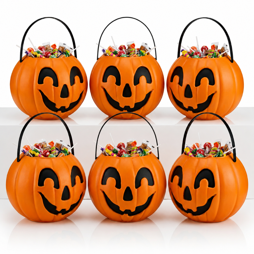 PMU Halloween Trick or Treat Jack-O-Lantern Carry Jack - Halloween Pumpkin Decorations - Candy Gift Basket for Kids - Pumpkin Bucket with Handles - 9 Inch w/Handle - Orange