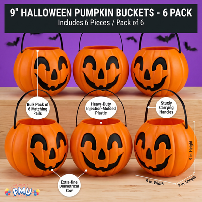 PMU Halloween Trick or Treat Jack-O-Lantern Carry Jack - Halloween Pumpkin Decorations - Candy Gift Basket for Kids - Pumpkin Bucket with Handles - 9 Inch w/Handle - Orange