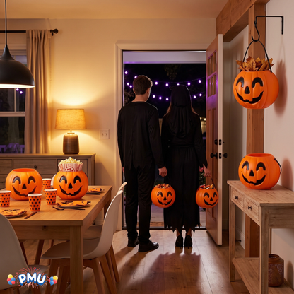 PMU Halloween Trick or Treat Jack-O-Lantern Carry Jack - Halloween Pumpkin Decorations - Candy Gift Basket for Kids - Pumpkin Bucket with Handles - 9 Inch w/Handle - Orange