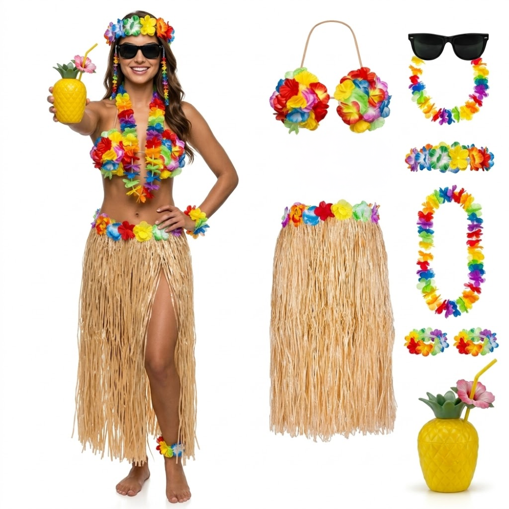 PMU 8 Pcs Hawaiian Luau Costume Set – Coconut Bikini Top, Grass Skirt, Lei &amp; Tropical Party Accessories for Luau, Beach &amp; Hula Parties