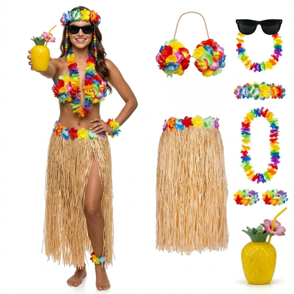 PMU 8 Pcs Hawaiian Luau Costume Set – Coconut Bikini Top, Grass Skirt, Lei &amp; Tropical Party Accessories for Luau, Beach &amp; Hula Parties