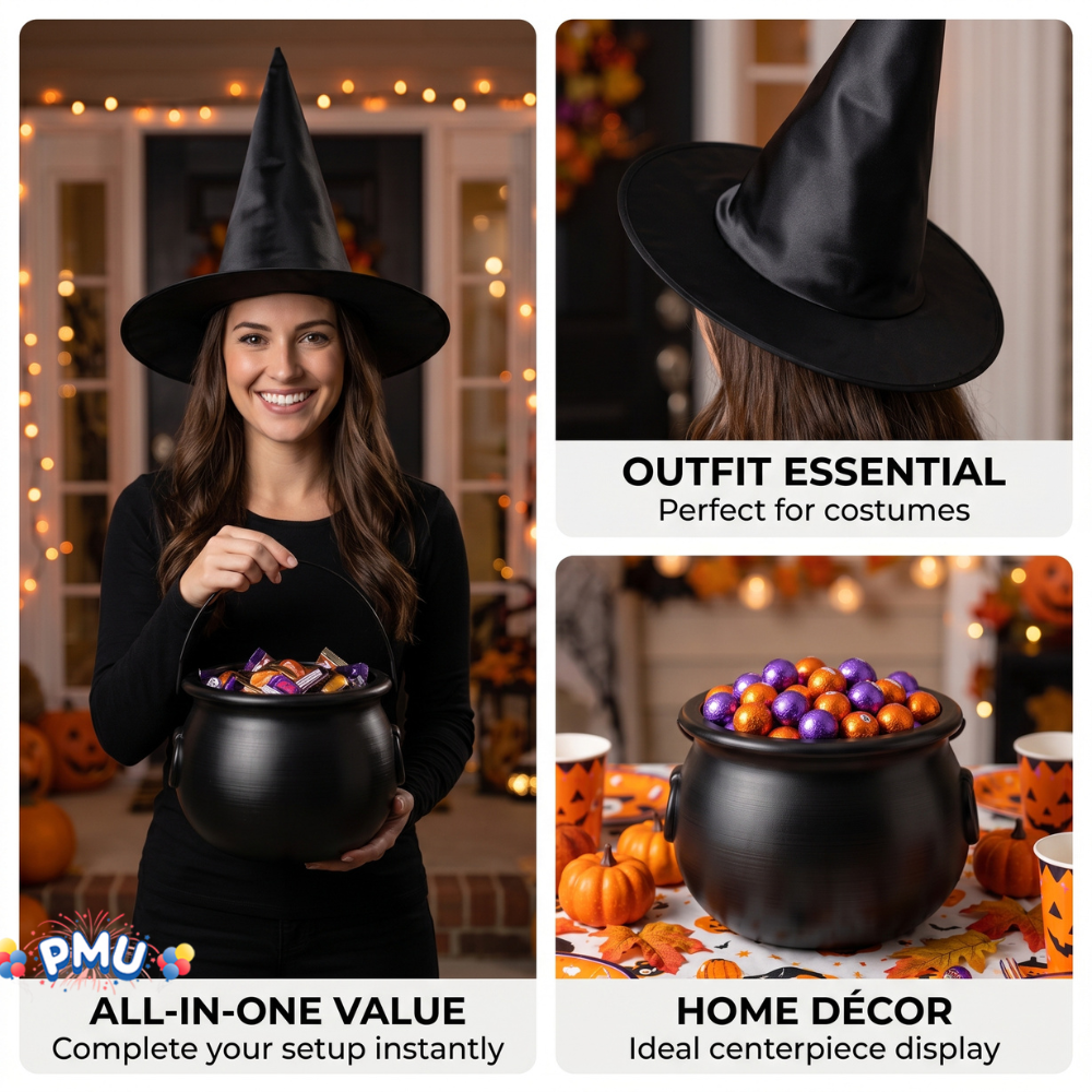 PMU 2 Pc Halloween Witch Cauldron Set – 8 Inch Black Cauldron Bowl & Witch Hat for Halloween Party Decorations, Tabletop & Home Décor