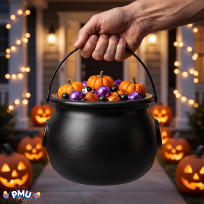 PMU 2 Pc Halloween Witch Cauldron Set – 8 Inch Black Cauldron Bowl & Witch Hat for Halloween Party Decorations, Tabletop & Home Décor