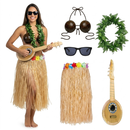 PMU 8 Pcs Hawaiian Luau Costume Set – Coconut Bikini Top, Grass Skirt, Lei &amp; Tropical Party Accessories for Luau, Beach &amp; Hula Parties