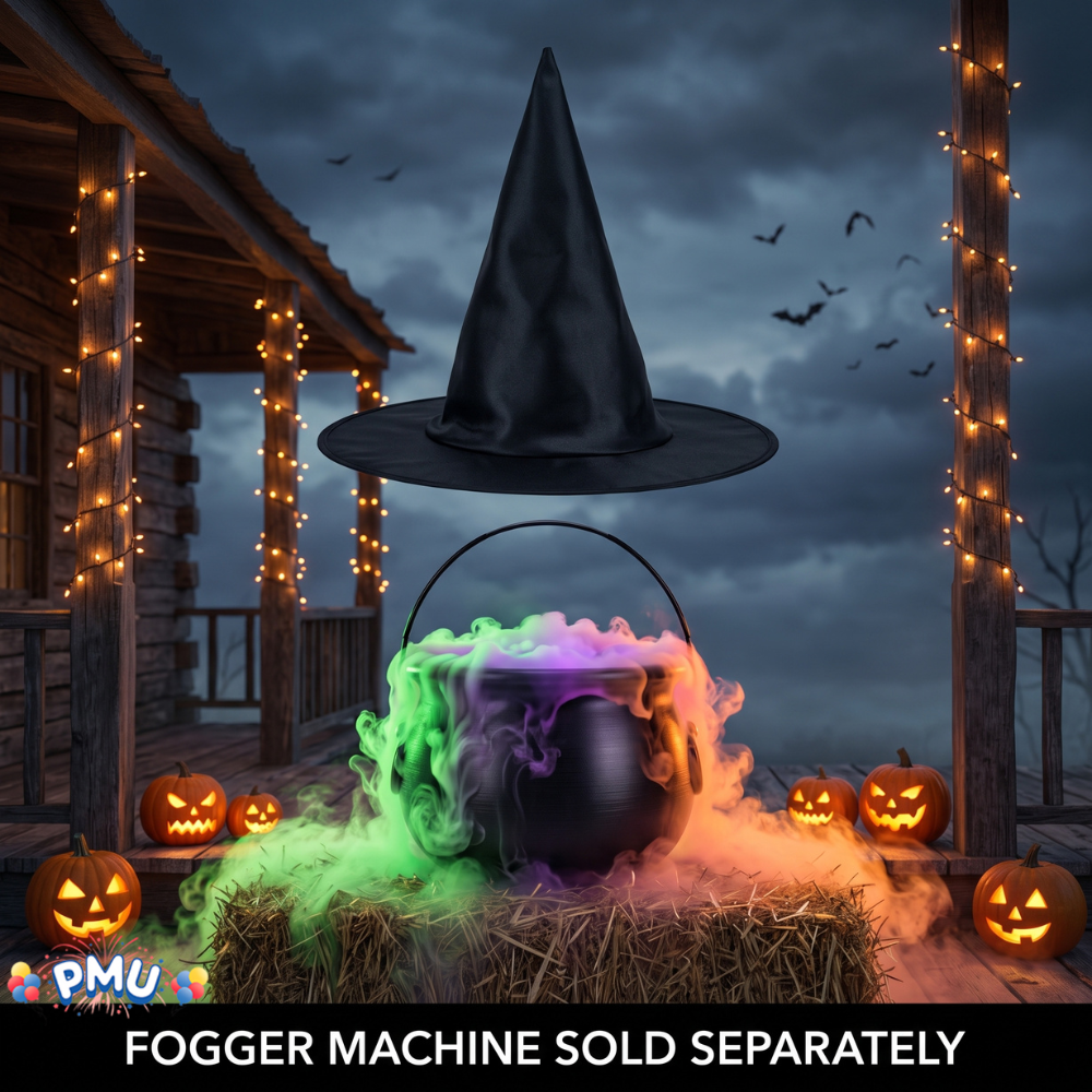 PMU 2 Pc Halloween Witch Cauldron Set – 8 Inch Black Cauldron Bowl & Witch Hat for Halloween Party Decorations, Tabletop & Home Décor