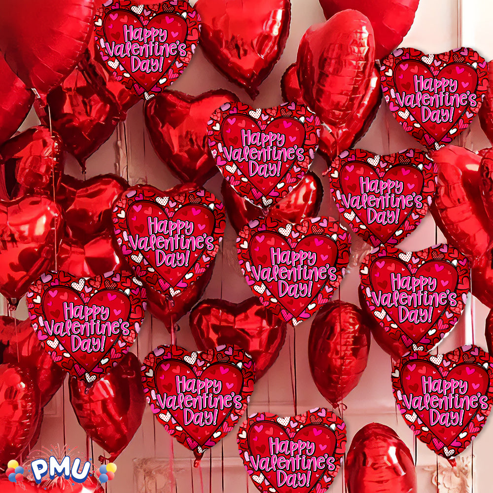 PMU Heart Shaped Happy Valentine's Day Balloons 18-Inch Mylar Idea Gift for Him or Her & Valentine Party Decorations