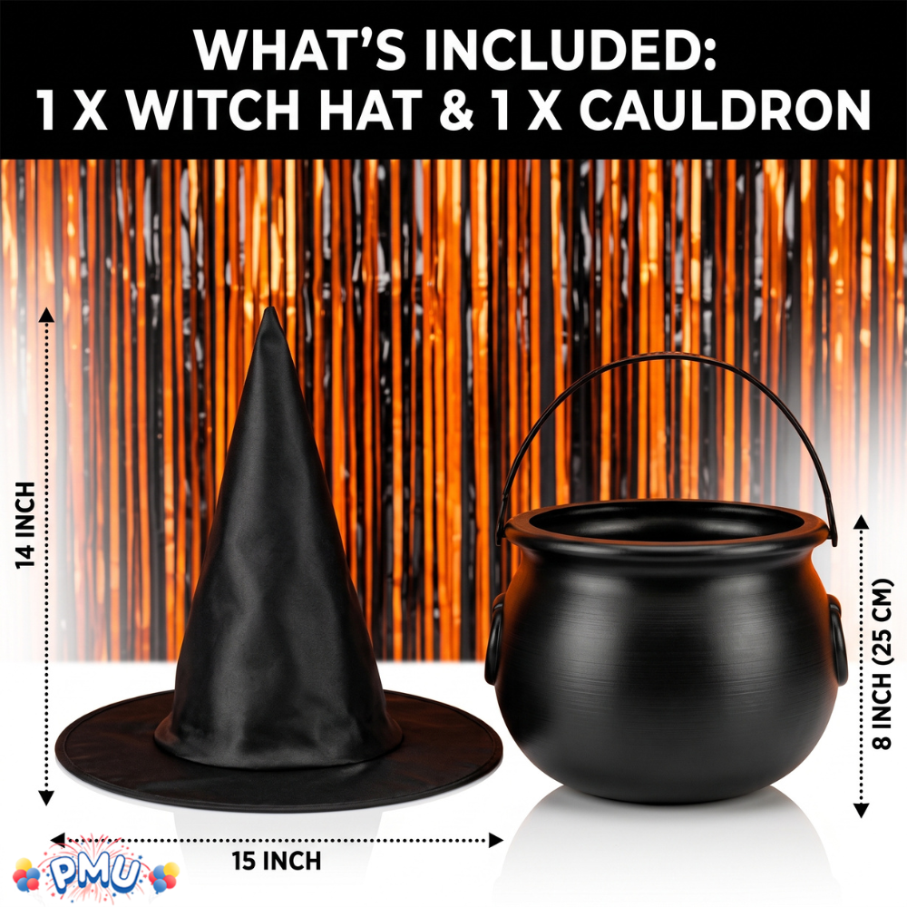 PMU 2 Pc Halloween Witch Cauldron Set – 8 Inch Black Cauldron Bowl & Witch Hat for Halloween Party Decorations, Tabletop & Home Décor