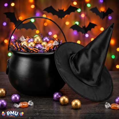 PMU 2 Pc Halloween Witch Cauldron Set – 8 Inch Black Cauldron Bowl & Witch Hat for Halloween Party Decorations, Tabletop & Home Décor