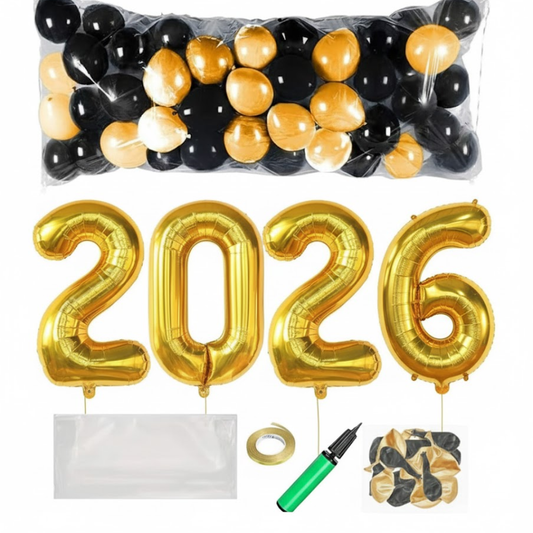 PMU New Year's Eve Party Balloon Drop Kit (100pcs Assorted 9in and 5in Balloons with Hand Pump) 4pcs "2026" 40in Gold Mylar Balloons 1 Set Assortment