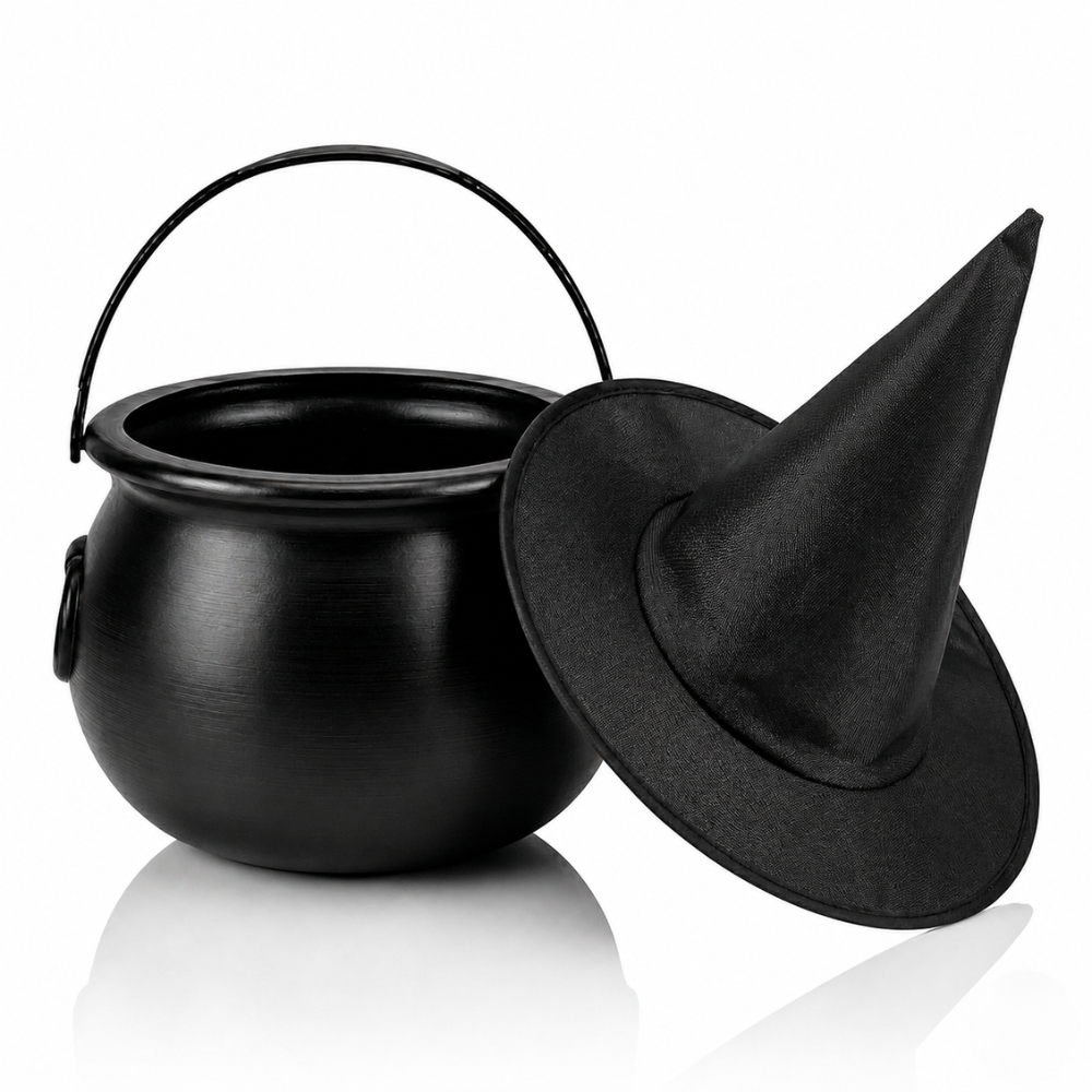 PMU 2 Pc Halloween Witch Cauldron Set – 8 Inch Black Cauldron Bowl & Witch Hat for Halloween Party Decorations, Tabletop & Home Décor