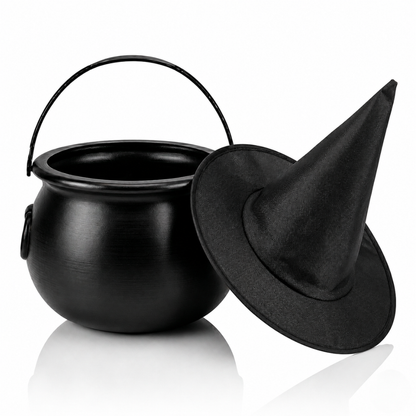 PMU 2 Pc Halloween Witch Cauldron Set – 8 Inch Black Cauldron Bowl & Witch Hat for Halloween Party Decorations, Tabletop & Home Décor
