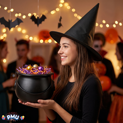PMU 2 Pc Halloween Witch Cauldron Set – 8 Inch Black Cauldron Bowl & Witch Hat for Halloween Party Decorations, Tabletop & Home Décor