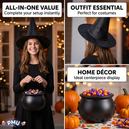 PMU 2 Pc Halloween Witch Cauldron Set – 8 Inch Black Cauldron Bowl & Witch Hat for Halloween Party Decorations, Tabletop & Home Décor