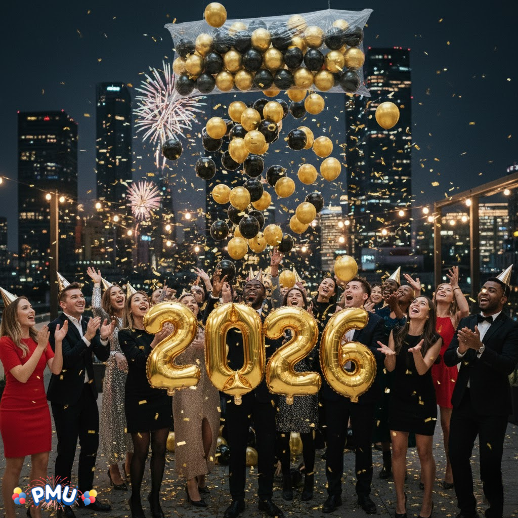 PMU New Year's Eve Party Balloon Drop Kit (100pcs Assorted 9in and 5in Balloons with Hand Pump) 4pcs "2026" 40in Gold Mylar Balloons 1 Set Assortment