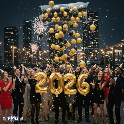 PMU New Year's Eve Party Balloon Drop Kit (100pcs Assorted 9in and 5in Balloons with Hand Pump) 4pcs "2026" 40in Gold Mylar Balloons 1 Set Assortment