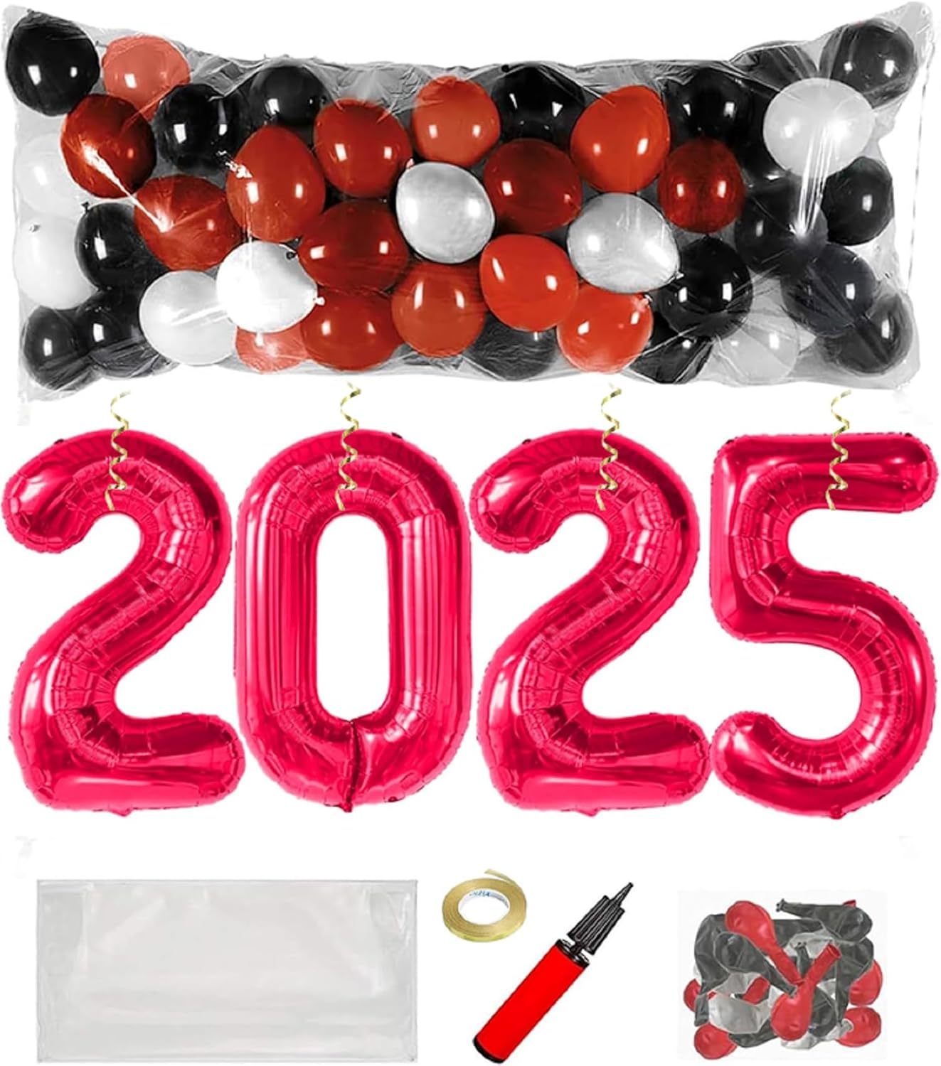 PMU New Year's Eve Party Balloon Drop Kit (100pcs Assorted 9in and 5in Balloons with Hand Pump) 4pcs "2025" 40in Gold Mylar Balloons 1 Set Assortment