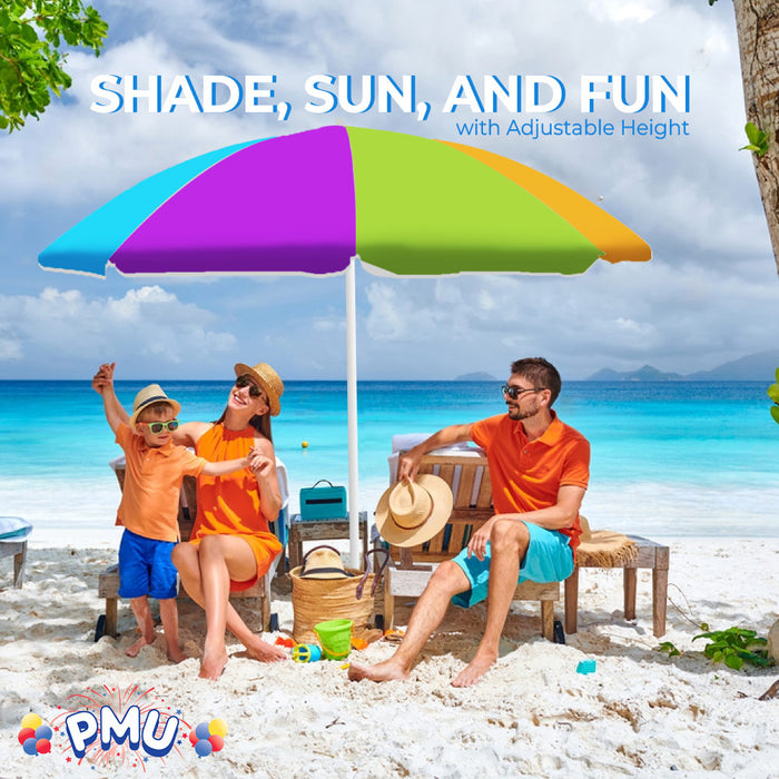 PMU Beach Umbrella 6 feet Opens to 72 inches Multicolor Beach Parasol with Carrying Sleeve for Beach, Patio, and Outdoor Sun Protection Polyester