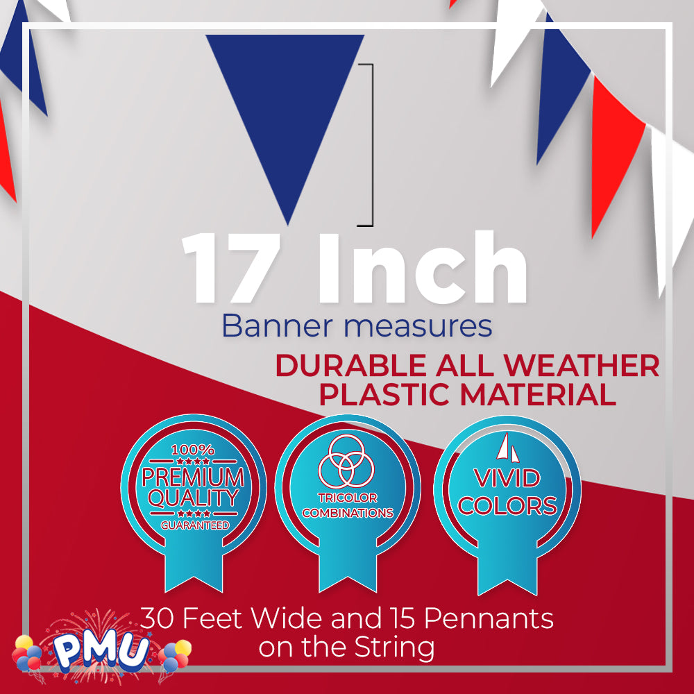 PMU Patriotic Outdoor Pennant Banner Red, White and Blue 17in. X 30ft