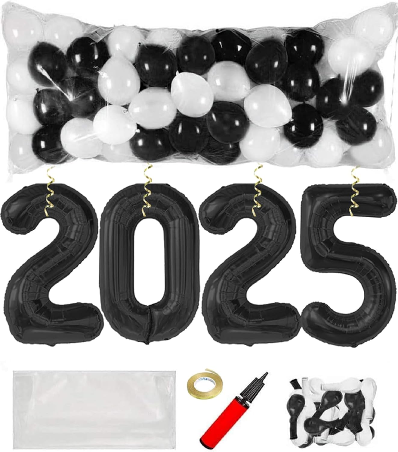 PMU New Year's Eve Party Balloon Drop Kit (100pcs Assorted 9in and 5in Balloons with Hand Pump) 4pcs "2025" 40in Gold Mylar Balloons 1 Set Assortment