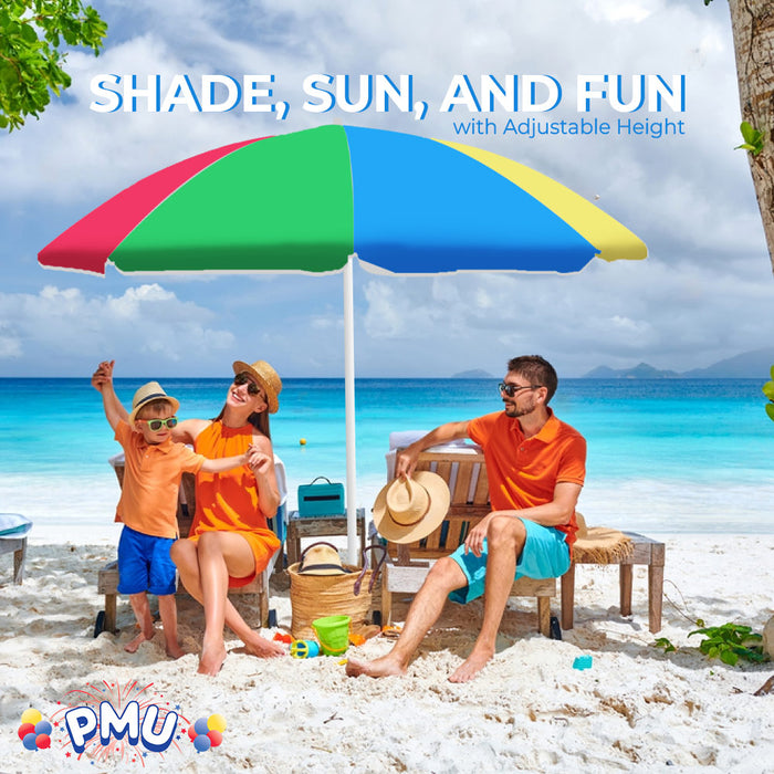 PMU Beach Umbrella 6 feet Opens to 72 inches Multicolor Beach Parasol with Carrying Sleeve for Beach, Patio, and Outdoor Sun Protection Polyester
