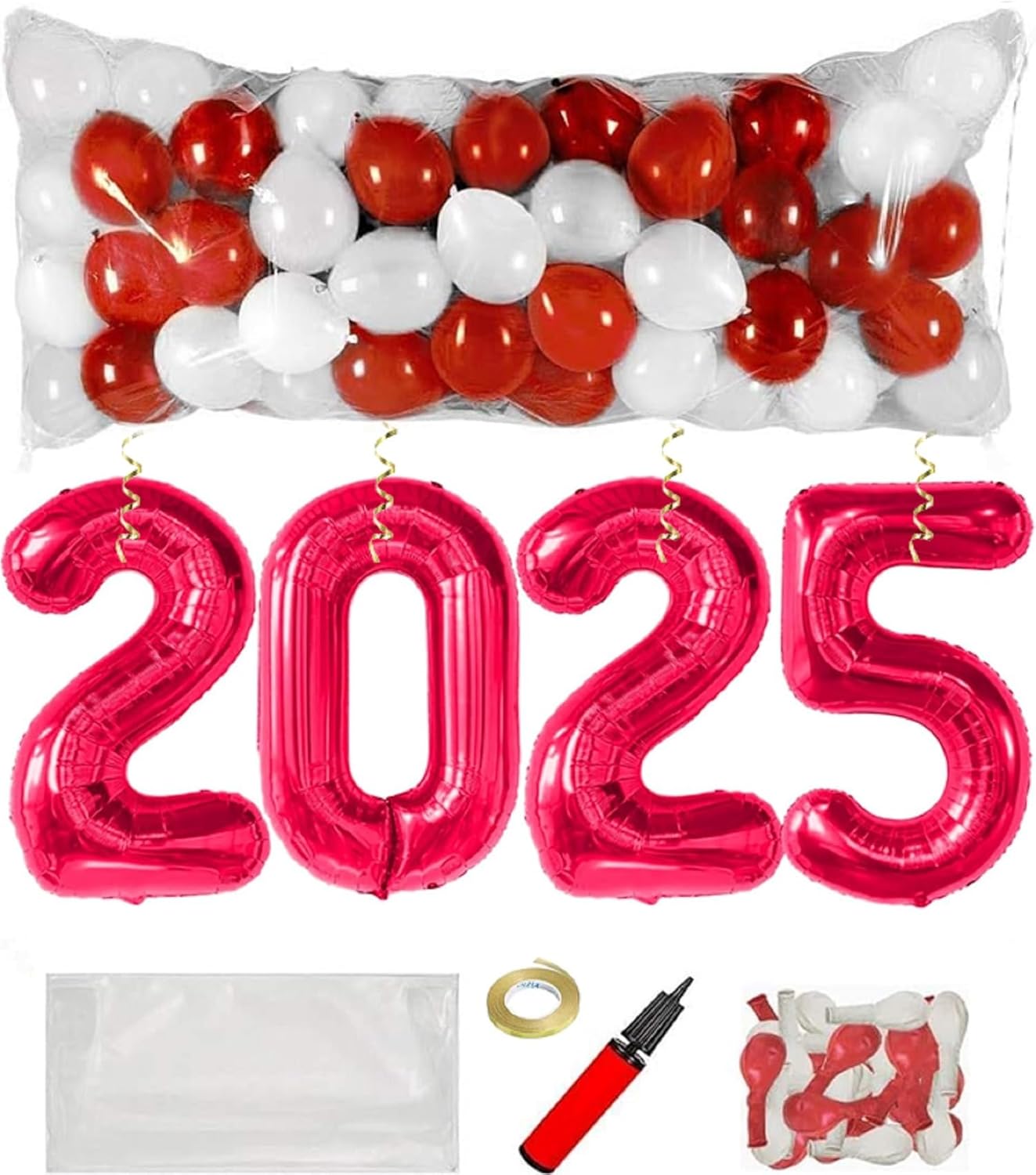 PMU New Year's Eve Party Balloon Drop Kit (100pcs Assorted 9in and 5in Balloons with Hand Pump) 4pcs "2025" 40in Gold Mylar Balloons 1 Set Assortment