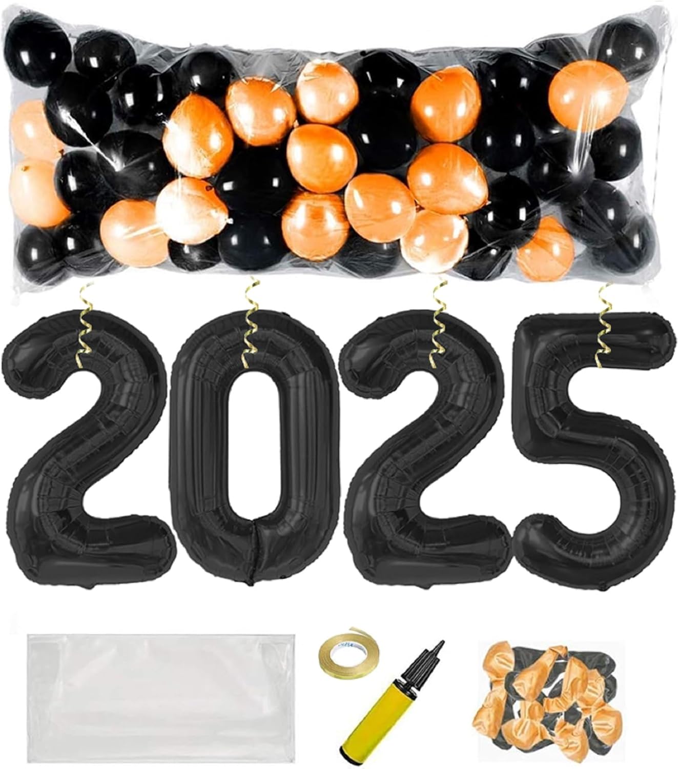 PMU New Year's Eve Party Balloon Drop Kit (100pcs Assorted 9in and 5in Balloons with Hand Pump) 4pcs "2025" 40in Gold Mylar Balloons 1 Set Assortment