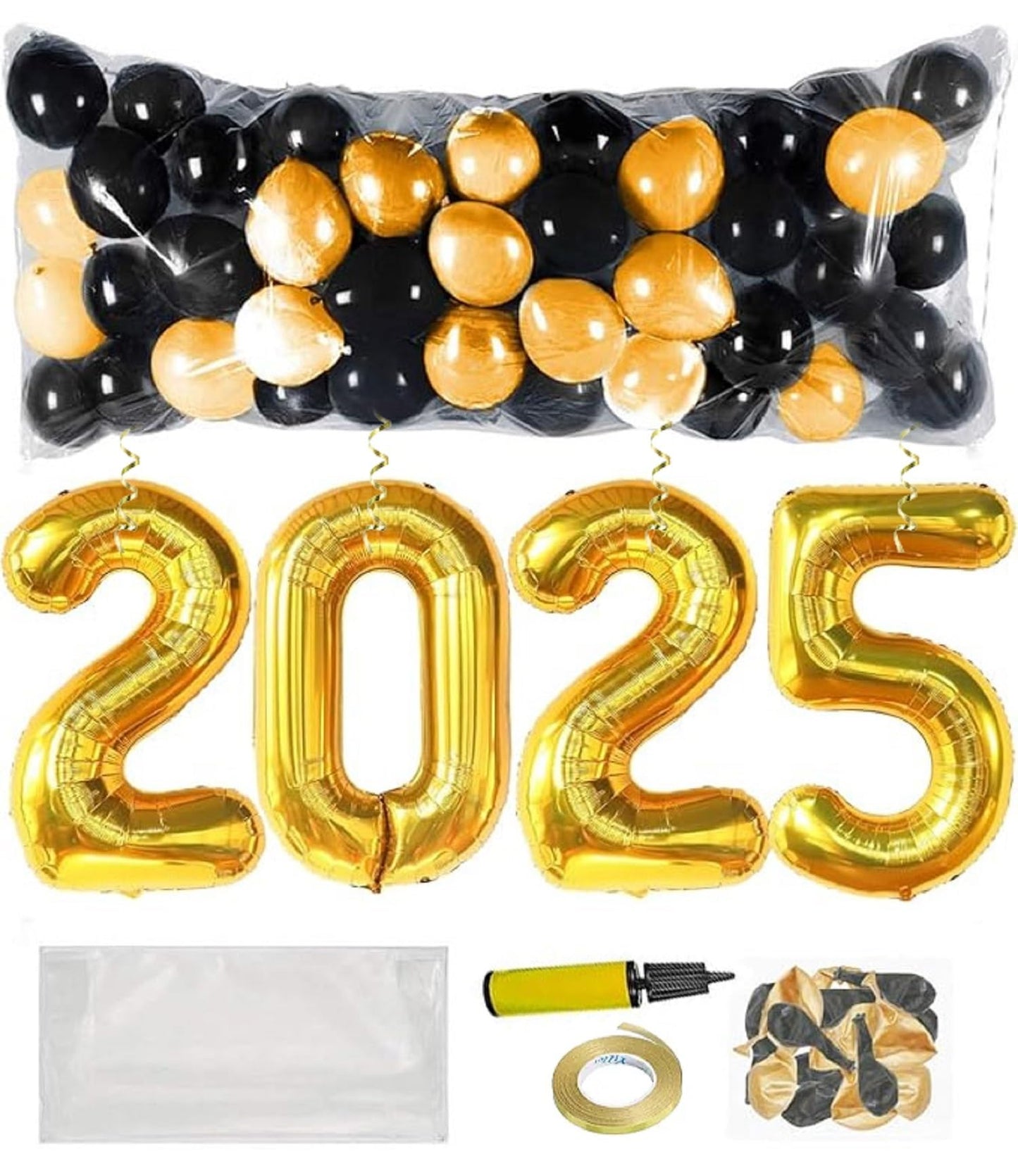 PMU New Year's Eve Party Balloon Drop Kit (100pcs Assorted 9in and 5in Balloons with Hand Pump) 4pcs "2025" 40in Gold Mylar Balloons 1 Set Assortment