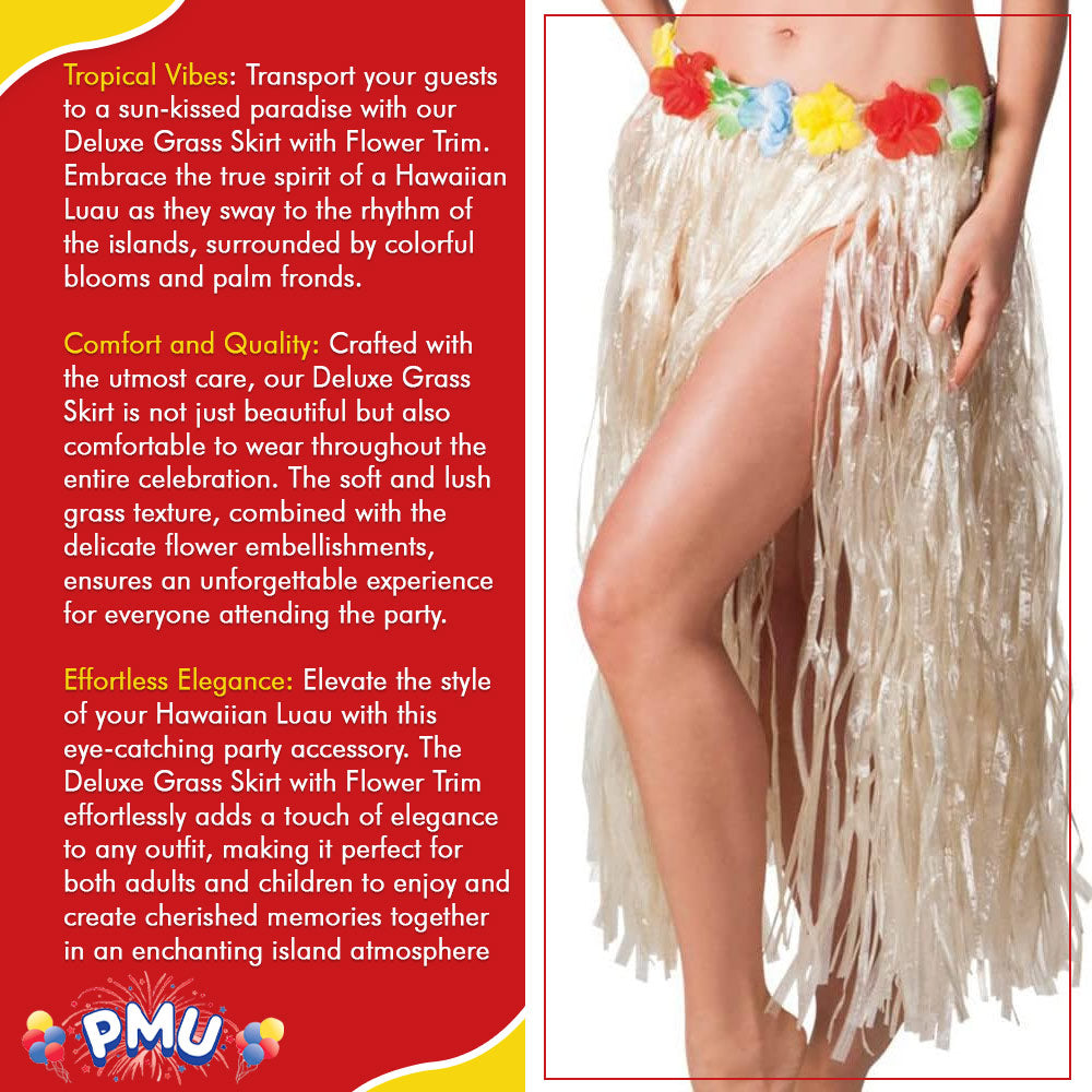 PMU Hawaiian Luau - Deluxe Grass Skirt W/Flower Trim Party Accessory