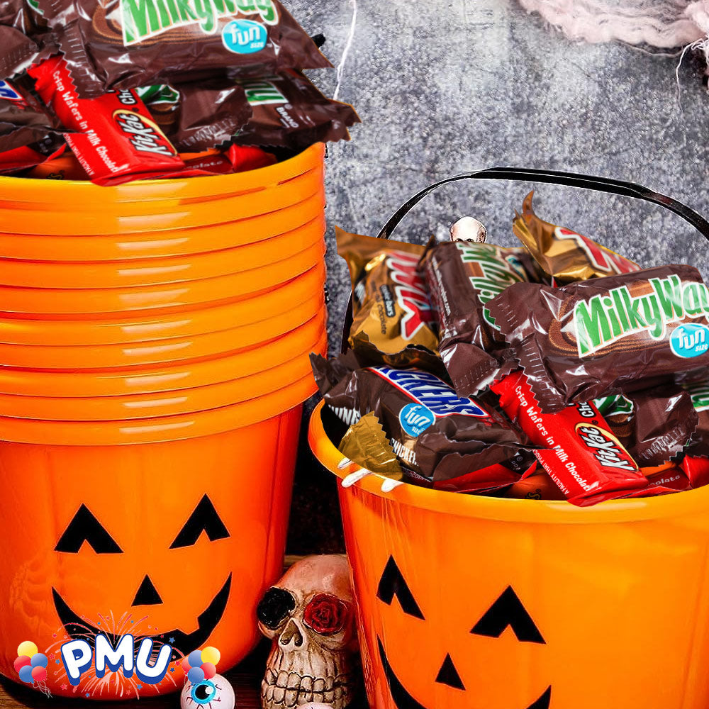 PMU Halloween Jack-O-Lantern Trick or Treat Pail Bucket - Candy Gift Basket for Kids - Pumpkin Plastic Buckets with Handle - Perfect Halloween Décor - 9 Inch