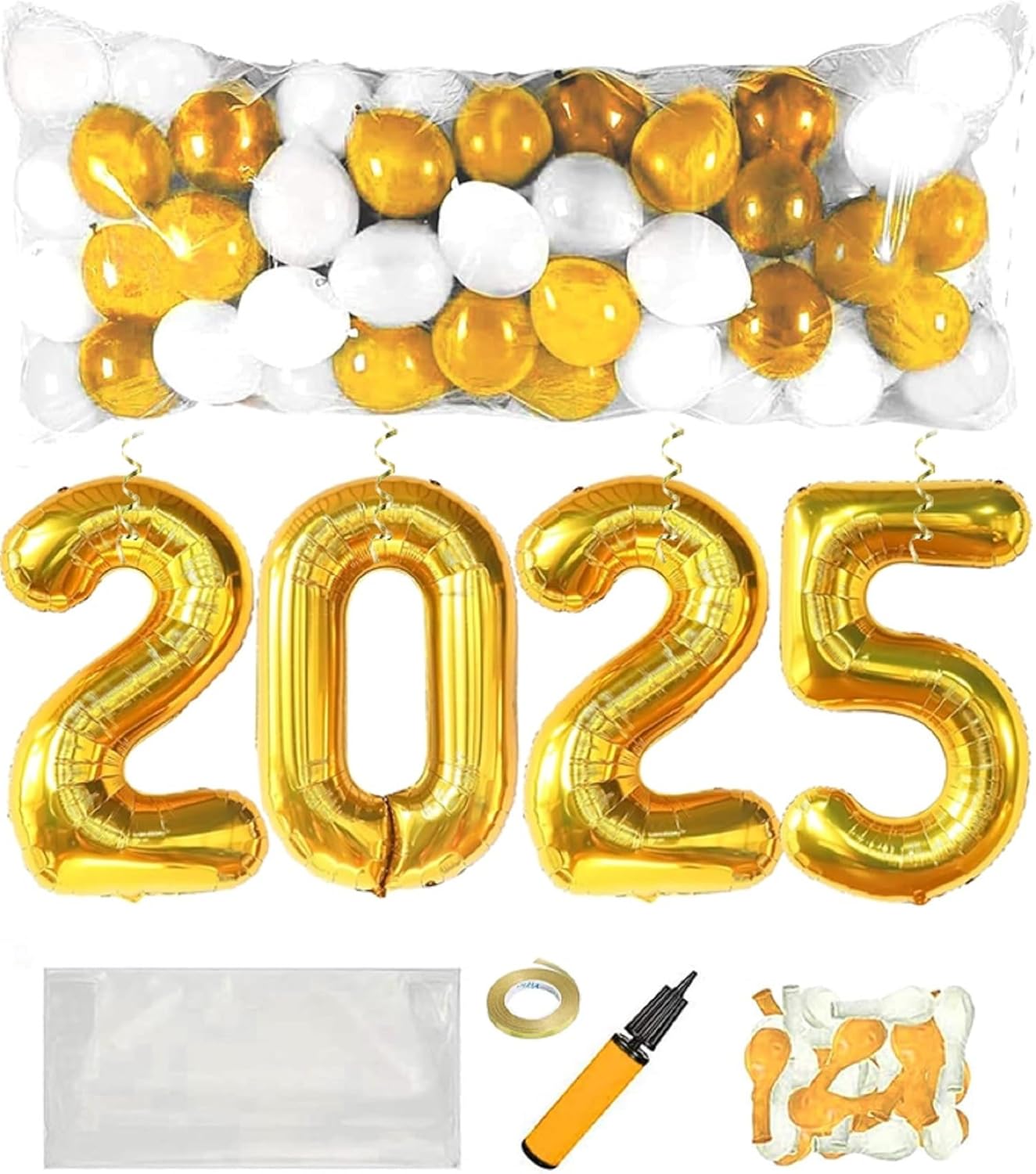 PMU New Year's Eve Party Balloon Drop Kit (100pcs Assorted 9in and 5in Balloons with Hand Pump) 4pcs "2025" 40in Gold Mylar Balloons 1 Set Assortment