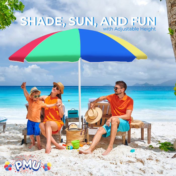 PMU Beach Umbrella 6 feet Opens to 72 inches Multicolor Beach Parasol with Carrying Sleeve for Beach, Patio, and Outdoor Sun Protection Polyester