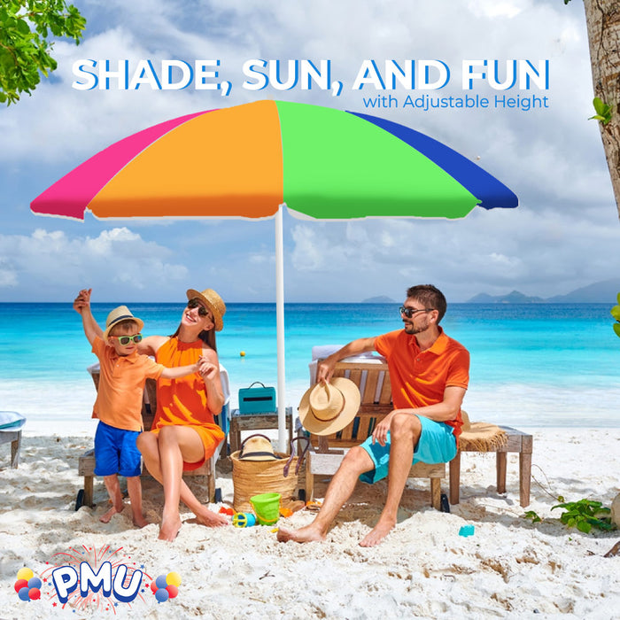 PMU Beach Umbrella 6 feet Opens to 72 inches Multicolor Beach Parasol with Carrying Sleeve for Beach, Patio, and Outdoor Sun Protection Polyester