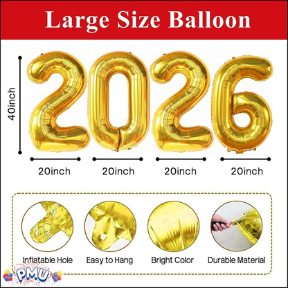 PMU New Year's Eve Party "2026" 16inch, 30inch, & 40inch in Number Mylar Balloons 2026 New Year, Graduation, Birthday, Special Events Accessories Party Celebration (4/pkg) Pkg/1
