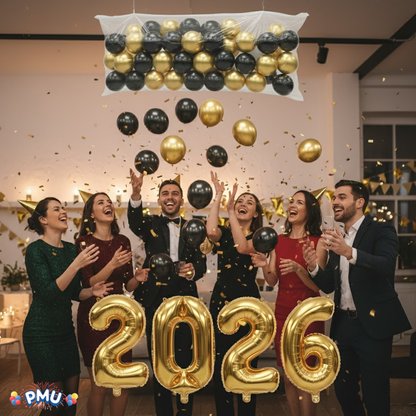 PMU New Year's Eve Party Balloon Drop Kit (100pcs Assorted 9in and 5in Balloons with Hand Pump) 4pcs "2026" 40in Gold Mylar Balloons 1 Set Assortment