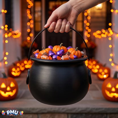 PMU 2 Pc Halloween Witch Cauldron Set – 8 Inch Black Cauldron Bowl & Witch Hat for Halloween Party Decorations, Tabletop & Home Décor