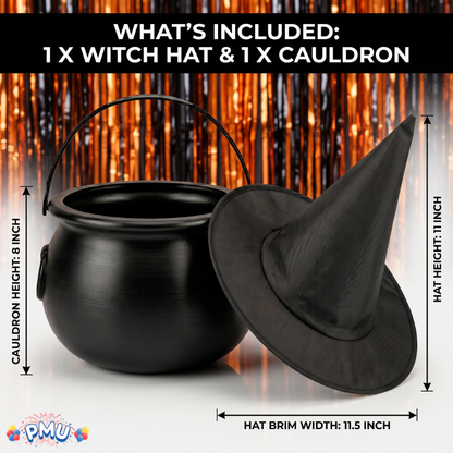 PMU 2 Pc Halloween Witch Cauldron Set – 8 Inch Black Cauldron Bowl & Witch Hat for Halloween Party Decorations, Tabletop & Home Décor